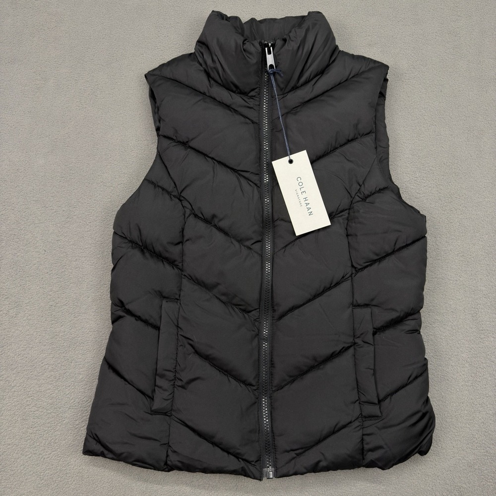 NWT COLE HAAN Womens Sz XS Collared Zip Front Chevron Black Quilted Puffer Vest